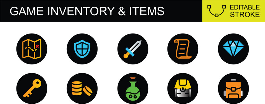 Colorful flat game inventory icons with gradient effects featuring various fantasy items and gear for rpg interfaces.