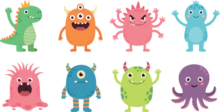 Cute cartoon monster collection featuring various colorful alien characters and friendly mythical creatures for children's design