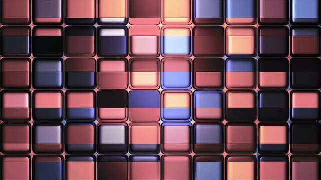 Vibrant neon square tiles animation, abstract 3d glowing cubes flickering motion loop, colorful geometric mosaic background, modern aesthetic flickering light grid for video editing. 4k video