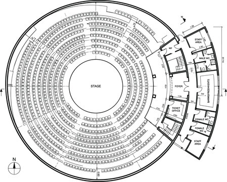 Detailed circular theater auditorium seating floor plan blueprint architectural layout with stage and technical interior design drawing