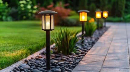 Obraz premium Serene outdoor scene featuring modern black garden lights with textured glass casting a warm amber glow along a landscaped pathway bordered by dark stones and lush green grass as twilight descends