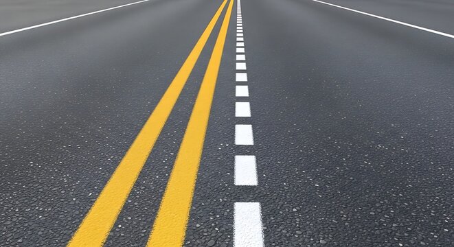 Asphalt highway road marking showing double yellow lines and white dashed lines for traffic safety.
