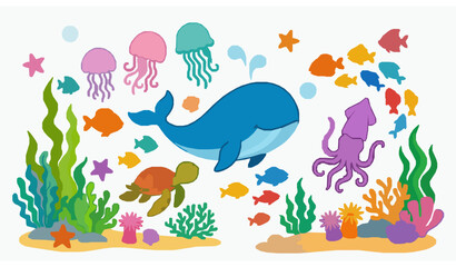 Cute underwater marine animal vector illustration with whale turtle jellyfish squid ocean cartoon scene isolated on white © Joy