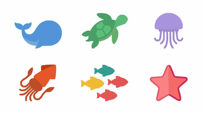 Minimal marine animal icon vector set with whale turtle jellyfish squid eco ocean illustration isolated on white © Joy