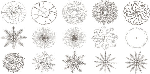 Vintage radial sunbursts floral leaf elements and abstract geometric snowflake shapes design collection vector illustration. © Design House