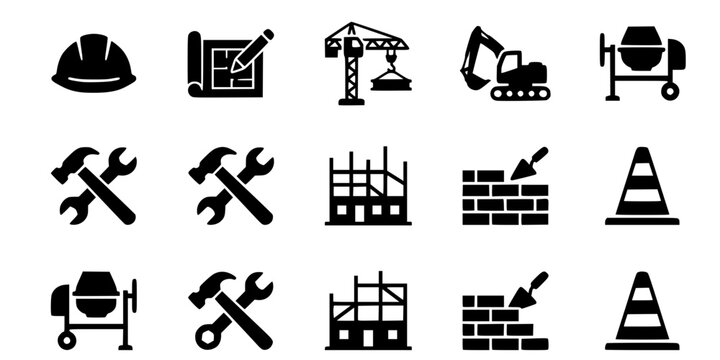 Construction Industry Building Process Glyph Pictogram Icons Set
