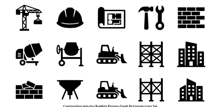 Construction Industry Building Process Glyph Pictogram Icons Set

