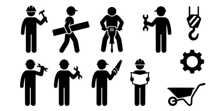 Construction worker icons, silhouettes of builders with tools and equipment
