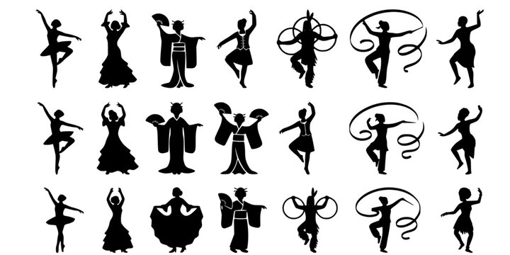 Diverse dancers in silhouette, multicultural traditional folk and ballet poses
