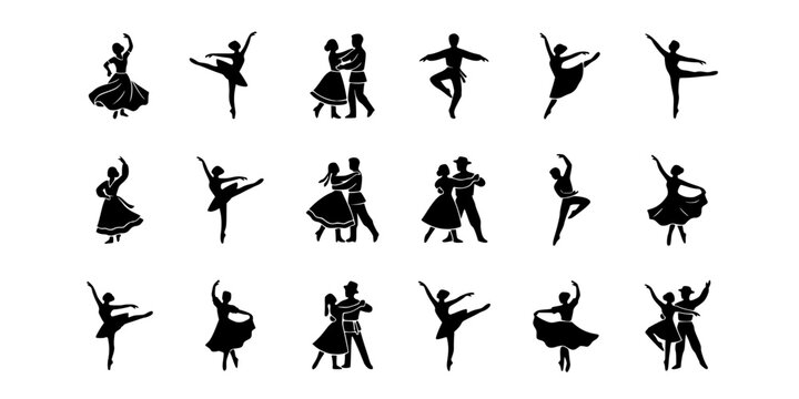 Diverse dancers in silhouette, multicultural traditional folk and ballet poses
