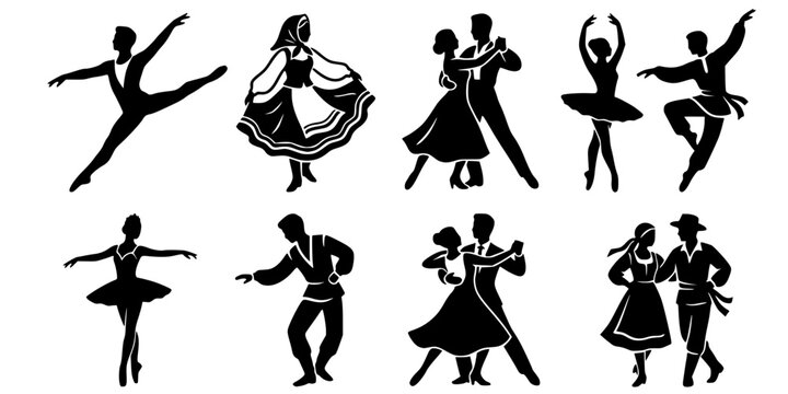 Diverse dancers in silhouette, multicultural traditional folk and ballet poses

