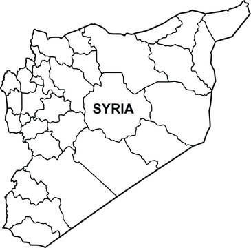 Black and white outline map of syria showing administrative governorate borders
