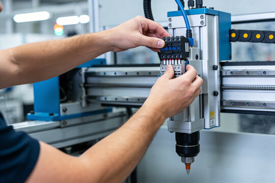 Technician installing pneumatic solenoid valve manifold on industrial automation machinery