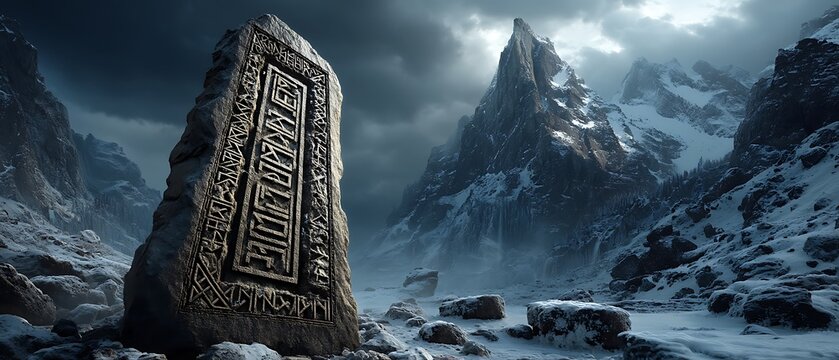 Grey granite tablet with engraved nordic runes high resolution picture