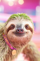Fototapeta premium Close-up of a three-toed sloth smiling warmly. Its fur is covered in green moss, giving it a natural, wild look. The background is softly blurred with warm, colorful bokeh lights