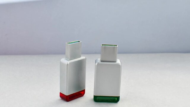 Close-up of an aluminum USB flash drive on a white surface, highlighting design and practicality. Detail of aluminum USB drive on a white background, conveying modernity and efficiency.
