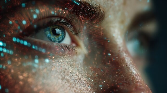 Detailed macro view of a blue human eye featuring a sharp iris and pupil with long eyelashes and a defined eyebrow on clear skin