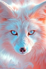Fototapeta premium Striking white fox gazes directly at the viewer. Its fur glows in soft pink and blue hues. Eyes gleam with an intense, piercing blue. Soft, fluffy texture surrounds its face