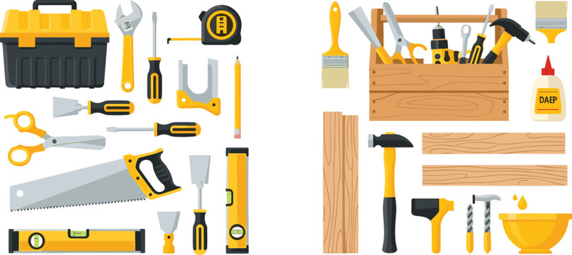 Carpentry tools and woodworking equipment set with hammer, saw, toolbox and materials, construction and repair instruments isolated on white background vector illustration