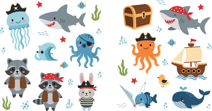 Cute pirate ocean animal collection with shark octopus jellyfish and raccoon for nautical kids party and nursery decor