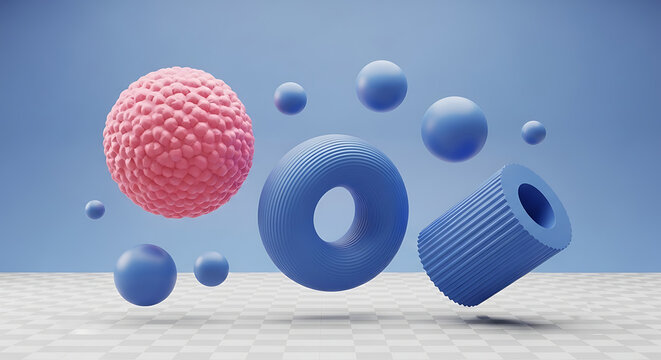 Assortment of abstract textured objects floating with textured surfaces geometric forms abstract art