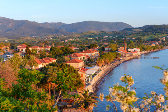Scenic Coastal View of Molyvos Village at Sunset Lesvos Island Greece