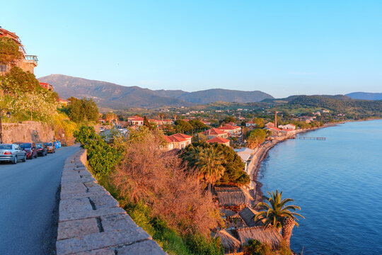 Molyvos Village Coastal Landscape with Traditional Houses and Aegean Sea