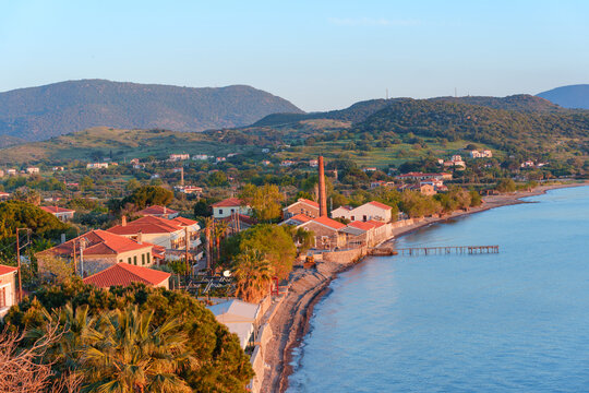 Coastal View of Molyvos Village and Beach on Lesvos Island, Greece