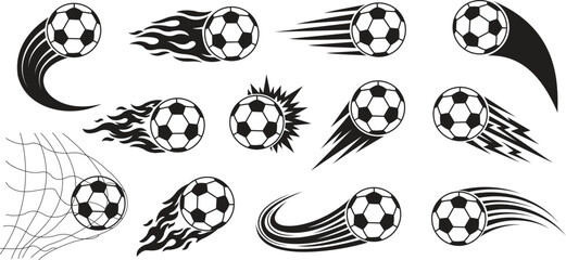 Soccer ball flying icon set, football kick with motion trail and fire flames, goal net and speed effects, sports tournament symbols, fast action game elements, black vector graphic collection. © Mon Amour