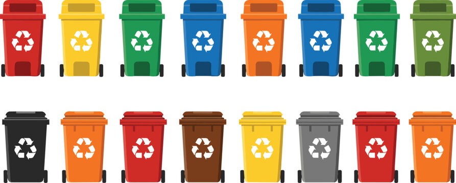 Colorful recycling bins collection with waste sorting containers, garbage and recycle trash cans in different colors isolated on white background vector illustration set