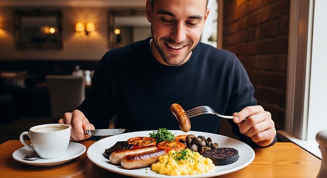 Man enjoying a full breakfast plate indoors with a coffee cup at the table
