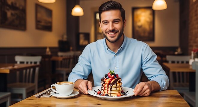Man enjoys pancakes and coffee at cafe table smiling towards camera