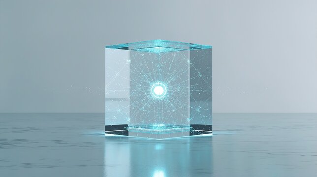 Futuristic glass edge computing node with glowing neon cyan fiber networks and data core