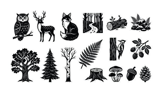 Collection of forest elements and wildlife in a linocut style