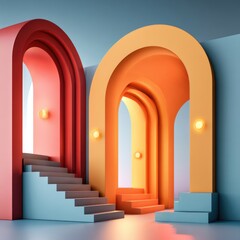 Fototapeta premium A surreal architectural scene with brightly colored arches and staircases in red, orange, and blue hues against a soft gradient background.