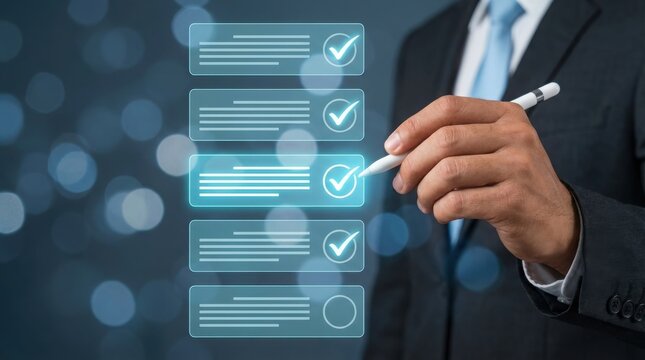 A professional businessman in a tailored suit interacts with a digital holographic checklist interface, using a stylus to select items on a glowing screen against a soft-focus bokeh background area.