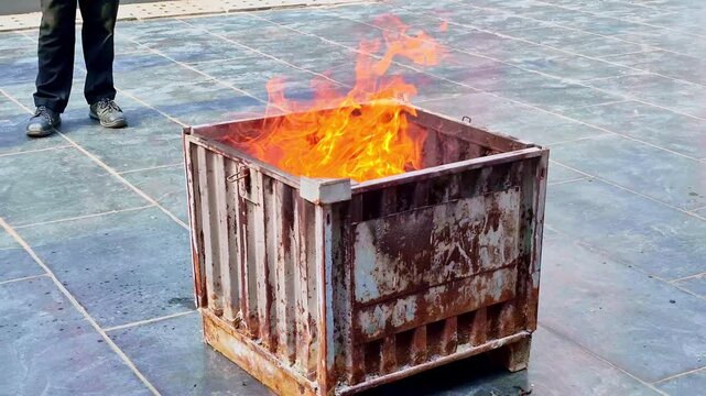 A weathered metal burn bin glows with vivid orange flames rising steadily from within, set on a tiled outdoor surface as people stand nearby observing the controlled fire.