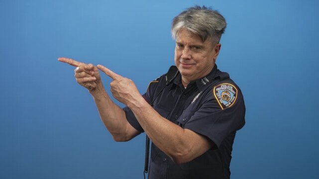 Police officer, middle aged with grey hair, gestures with palms up and points finger while radio mic visible in studio; wry doubt.