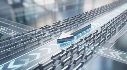 Obraz premium Futuristic keyboard with glowing blue arrow button on sleek transparent background