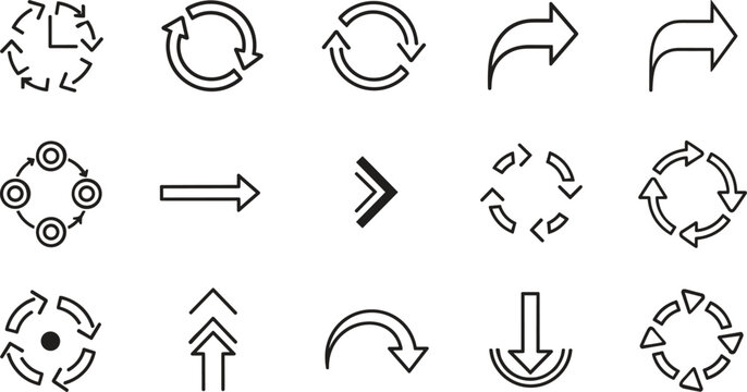 Arrow Icon Collection Featuring Curved, Circular, Rotational, and Straight Directional Symbols in Stylized Vector Line Designs