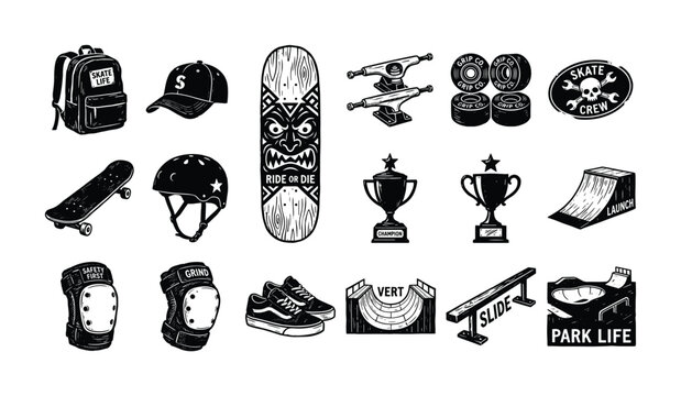 Skateboarding equipment and park elements collection in black and white style