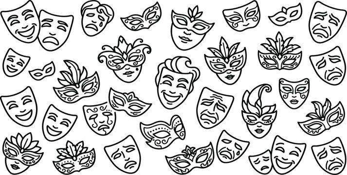 Theater and Carnival Mask Pattern with Hand Drawn Decorative Face Masks Seamless Background for Festival Costume Party Design Vector Illustration Collection