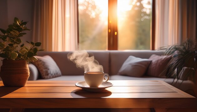 清潔感のある明るい室内での穏やかなコーヒータイムのイメージ