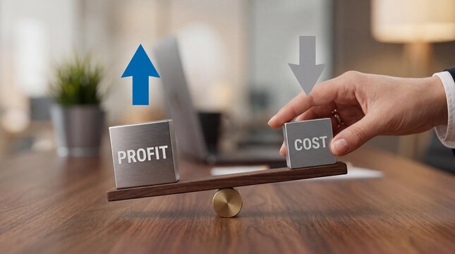 Business professional balancing profit and cost on a wooden seesaw scale with upward and downward arrows representing financial growth and expense reduction strategy