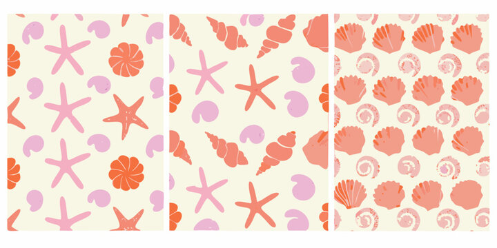 Seashell pattern set three panels with coral and pink motifs