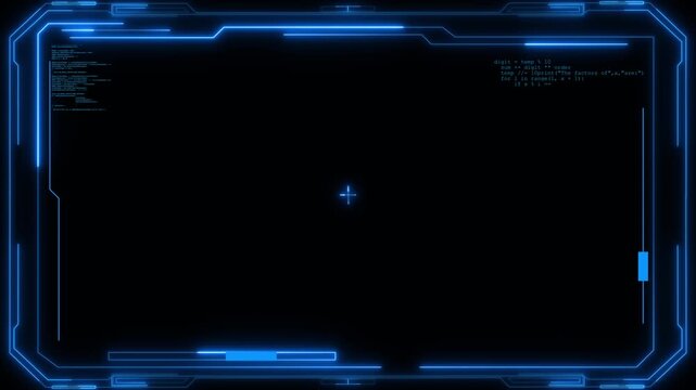 Blue coding HUD frame background glowing tech border, dark empty center, small code text, and cyber interface style. programming videos, software demos, AI screens, cyber security intros, overlays.