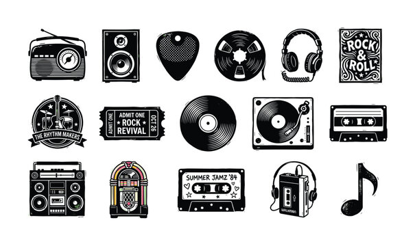 Vintage music icons collection with retro audio equipment and concert symbols