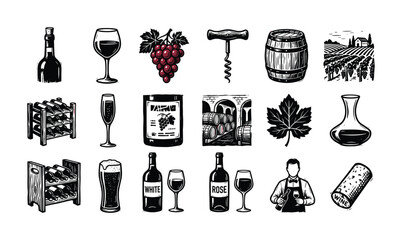 Fototapeta premium Wine-themed illustrations featuring bottles, glasses, and vineyard elements