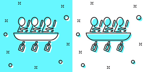 Black line Canoe rowing team sports icon isolated on green and white background. Three athletes with oars rowing in boat. Teamwork concept. Random dynamic shapes. Vector © Kostiantyn