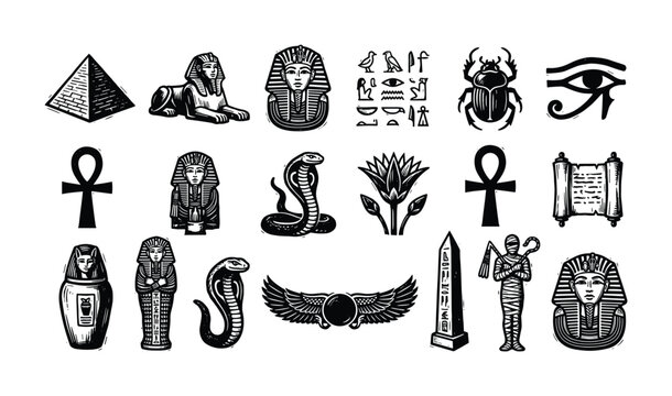 Collection of ancient Egyptian symbols and hieroglyphs in a woodcut style